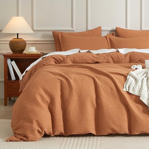 SE SOFTEXLY Waffle Duvet Cover King, 100% Cotton Waffle Weave Bedding Duvet Cover Set, Soft and Breathable Comforter Cover for All Season, 3 Pieces Including Pillow Shams(Terra Cotta, 104”x90”)
