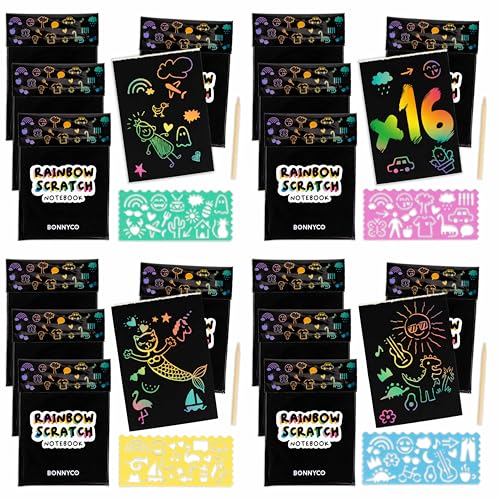 BONNYCO Cadernos para raspar Rainbow Scratch Art para crianças, 16 conjuntos de livreta, palmilha e lápis de madeira. Presentes de aniversário para crianças, colégio, detalhes de alunos de 3 a 12 anos
