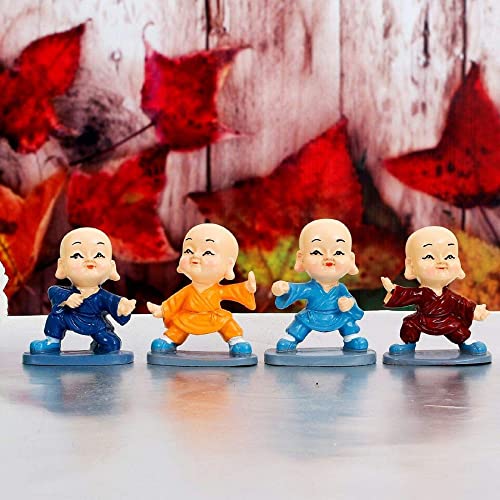 Image of AUGEN Polyresin Set of 4 Buddha Monks Statues Figurines Showpiece for Wall Shelf Table Desktop Living Room Car Dashboard Decoration Home Office Decor (Multicolour)(7698G)
