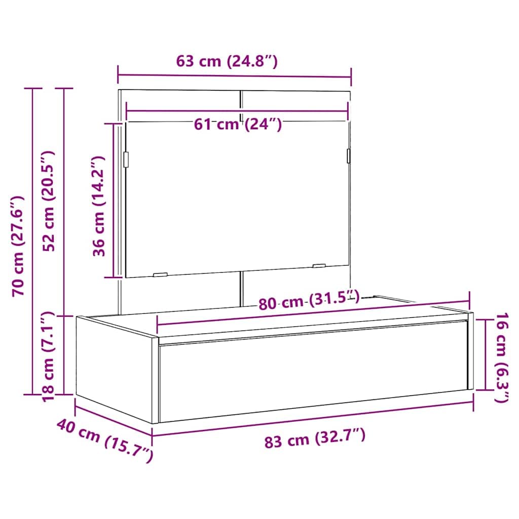 Schminktisch Holzwerkstoff Braun mit Schublade und Flachspiegel 83 x 40 x 70 cm moderner Kosmetiktisch mit Stauraum für Schlafzimmer und Beauty Zubehör