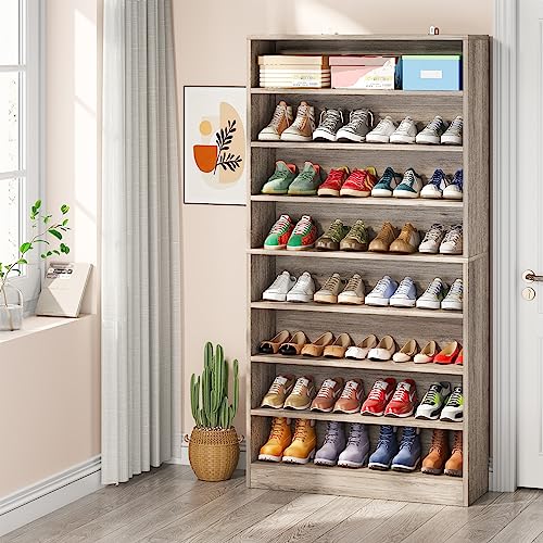 Tribesigns Tall Shoe Cabinet, 9 Tiers 40-45 Pairs Heavy Duty Wood Freestanding Shoe Storage Cabinet, 70.8'' Tall Shoe Cabinet with Open Storage for Entryway (Beige Gray)