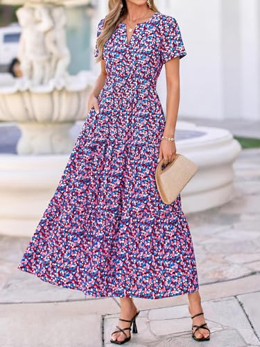 Image of BTFBM Womens Summer Floral Maxi Dresses V Neck Short Sleeve Boho Casual Flowy Long Wedding Guest Dress Beach Vacation