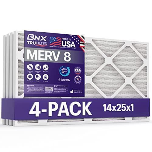 Image of BNX TruFilter 14x25x1 Air Filter MERV 8 (4 Pack) - MADE IN USA - Dust & Pet Defense Electrostatic Pleated Air Conditioner HVAC AC Furnace Filters for Dust, Pet, Mold, Pollen MPR 600 - 700 & FPR 5