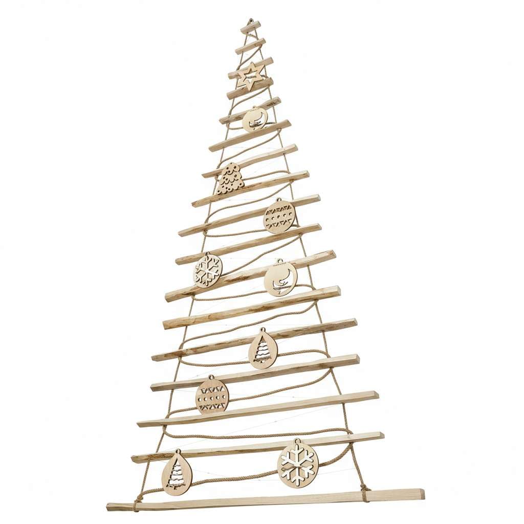 BOGATECO Sapin de Noël fait à la main Hauteur 205 cm avec décorations en bois de noisette, pendentif décoratif avec lumières LED de 10 m, panneaux en bois reliés à une corde de jute avec un