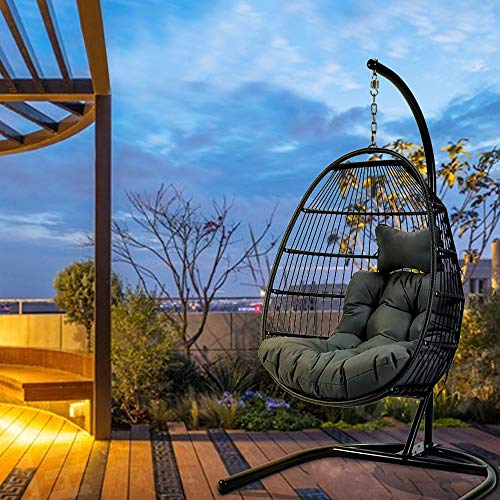 Foldable Swing Chair With Stand, Rattan Wicker Hanging Egg Chair Hammock Chair With Cushion And Pillow For Indoor Outdoor Bedroom Patio Garden (Dark Grey) #TOP5