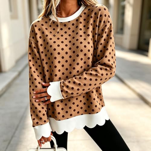 Women'S Casual Polka Dot Sweatshirt Crew Neck Long Sleeve Scalloped Hem Top - image 2