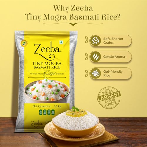 Image of Zeeba Tiny Mogra Basmati Rice 10 Kg, Small Grains with Great Taste, Gut-friendly Rice (Cooked length upto 10mm*)
