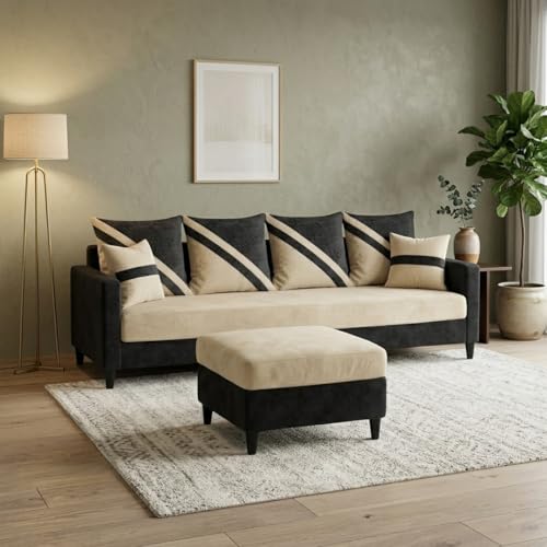 Image of SLEEPIFY Canza 4 Seater Sofa Set with Ottoman (Cream - Dark Gray) | Premium Soft Velvet | Plush Comfort Cushions | Modern Living Room Sofa | Spacious Comfortable Seating