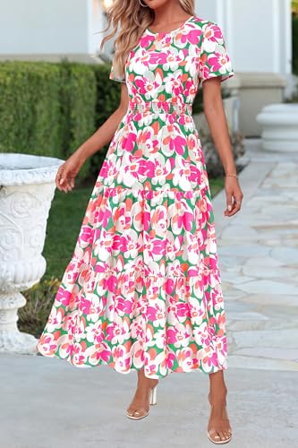 Image of PRETTYGARDEN Women's Casual Smocked Boho Floral A-Line Maxi Dress 2026 | Summer Short Flutter Sleeve Crewneck Tiered Long Sundress,Fall Wedding Guest Dresses,Spring Cute Flowy Beach Vacation Clothes