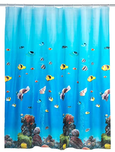 WENKO Duschvorhang Ocean, Vorhang aus recyceltem Kunststoff (PE),für Dusche und Badewanne, wasserdicht, 180 x 200 cm, inkl. 12 Duschvorhangringen
