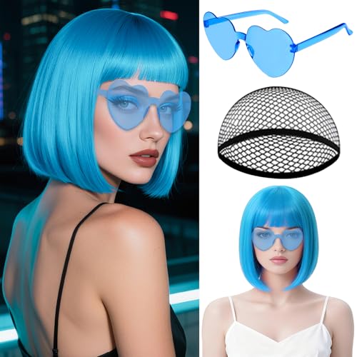 MEEZY Blue Short Bob Wigs Straight Hair with Flat Bangs Heart Sunglasses for Women, Colorful Funny Cosplay Party Neon Wig Synthetic Natural As Real Carnival Halloween Costume