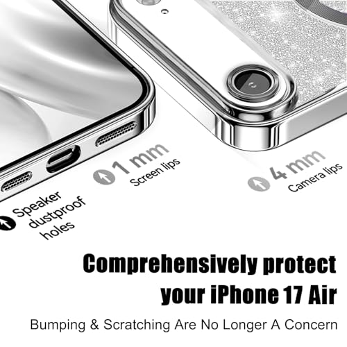 Image of Misscase for iPhone Air Case Compatible with MagSafe,Built-in Camera Lens Protector Full Protection Soft TPU Anti-Scratch Magnetic Glitter Slim Case Cover for iPhone 17 Air 6.5 inch Silver