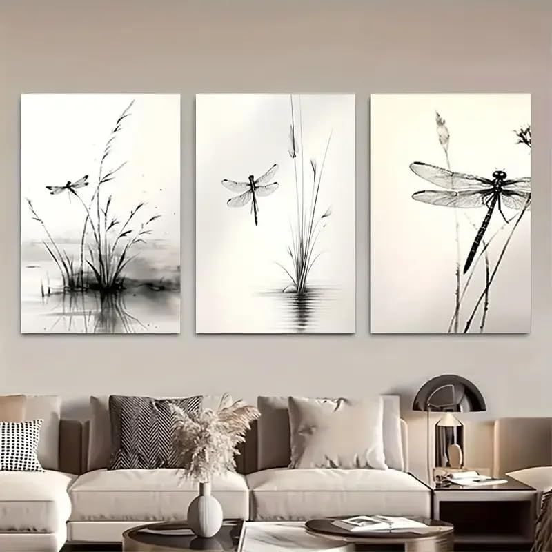 MAIMANG 3 szt. Dragonfly Wall Art Large Inches Inspired Triptych Painting with Black Wall Decoration (50x70cmx3/internal frame)
