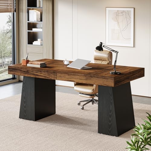 Image of Tribesigns 55-Inch Executive Desk, Large Wood Office Computer Desk with Double Pedestal, Modern Minimalist Workstations Writing Table Conference Table Furniture for Home Office, Walnut&Black