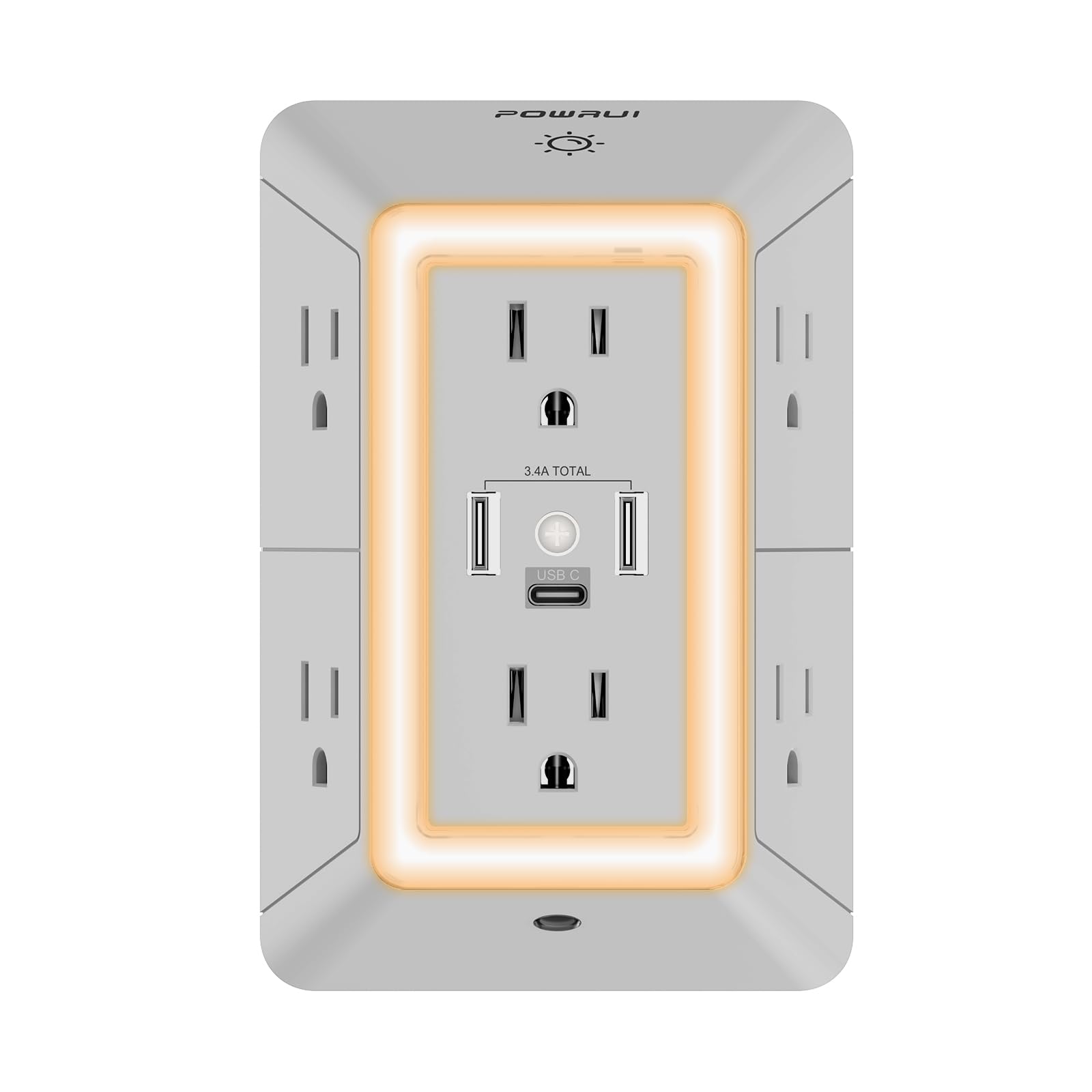 POWRUI Power Strip Surge Protector - 6 AC Outlets with 3 USB Ports (1 USB C), Night Light, 3-Sided Multi Plug Wall Extender with Spaced Outlets - Grey, ETL Listed 2U1C Grey