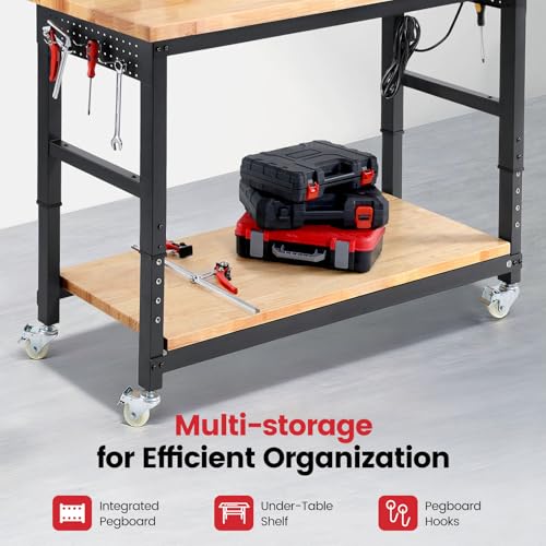 ENJOYWOOD Work Bench for Garage Adjustable Workbenches with Storage 60 Inch Garage Workbench with Under Table Shelf, Pegboard, Power Outlets for Woodworking, Home, Office, Workshop - Image 3