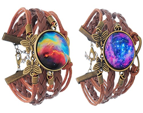 MJartoria Bracelet-Love Across Light Years PU Leather Braid Infinity Charm Galaxy Cabochon Wrap Bracelet Set of 2