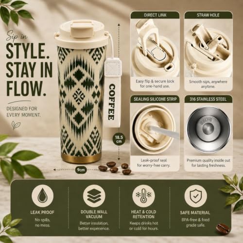 Image of STARFLYER Double Coffee Cup with Travel Strap 316 Stainless Steel Double-Layer Insulated Vacuum Bottle with Straw-500ml (Green)