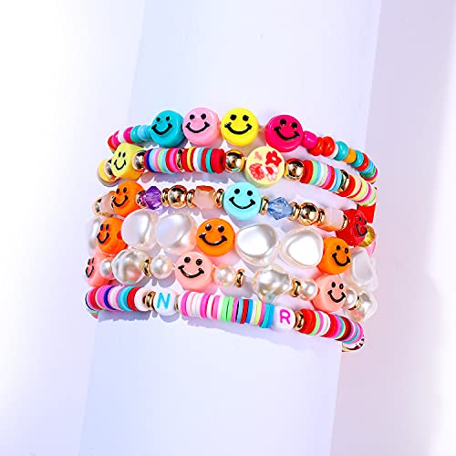HZEYN Beaded Bracelet Set Stack Colorful Cute Happy Face Charm Pearl Heishi Beaded Stretchy Bracelet Summer Beach Bracelet Jewelry (Colorful-6pcs) - Image 5