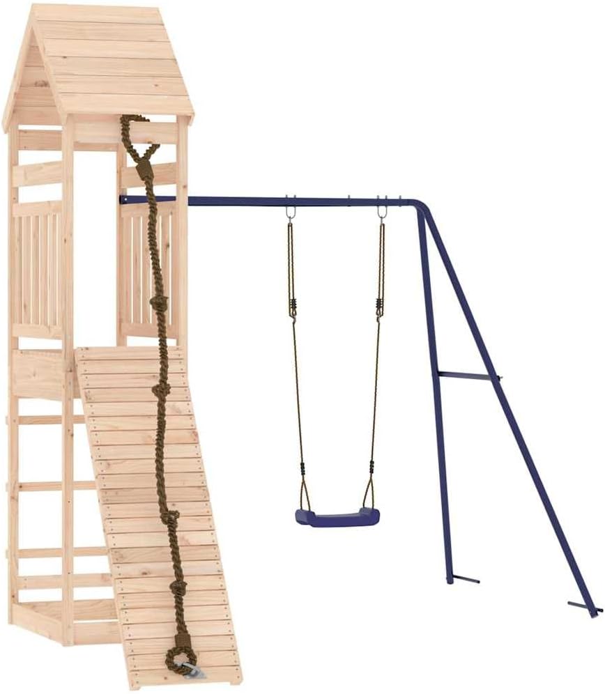 Outdoor Playset Natural Pine Solid Pine Wood and Polypropylene (PP) with Swings and Climbing Wall for Ages 3 to 8, Rustic Finish, Durable Construction, Adventure Play