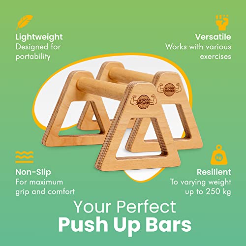 Woodpower® - Powerbars, Wooden Parallettes Push Up Bars, Joint-Friendly Beech Wood Calisthenics Equipment For Home, Durable Handstand Trainer Push Up Handles For Floors, Xl, Set Of 2 #TOP2