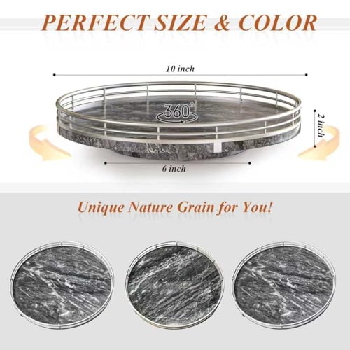 Image of Gray Marble Lazy Susan Turntable for Table Top - 10 inch Round Marble Tray Organizer for Dining Table, Kitchen Countertop & Bar, Luxury Stone Serving Tray with Silver Frame