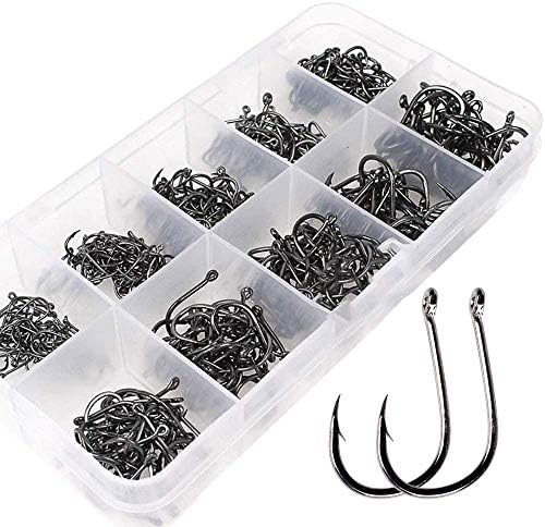 Circle Fishing Hooks with Plastic Box set of 500pcs Carbon Steel with Eye Sea Fishing Hooks Barb Weedless Small Fishing Hook Size 3 4 5 6 7 8 9 10 11 12