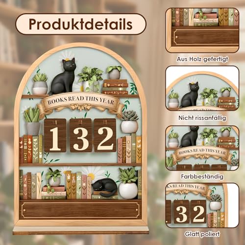 Bücherregal Deko, Holz Lesetracker Deko Schreibtisch mit Schwarzer Katze, Buch Zubehör Komplettes Set für Leseratten und Bookish Stuff, Ästhetische Schreibtischdeko als Geschenk für Leseratte