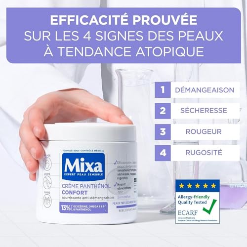 Mixa Expert Peau Sensible - Crème Panthénol Confort - Anti-Démangeaisons - Peaux Très Sèches et Réactives - Visage, Corps, Mains - Bébé, Enfant, Adulte Hypoallergénique - Sans Parfum - 400ml