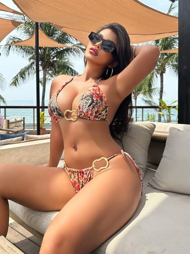 SEGT Women's String Bikini Set 2 Piece Swimsuit Halter Triangle O Ring Leopard Bathing Suits4