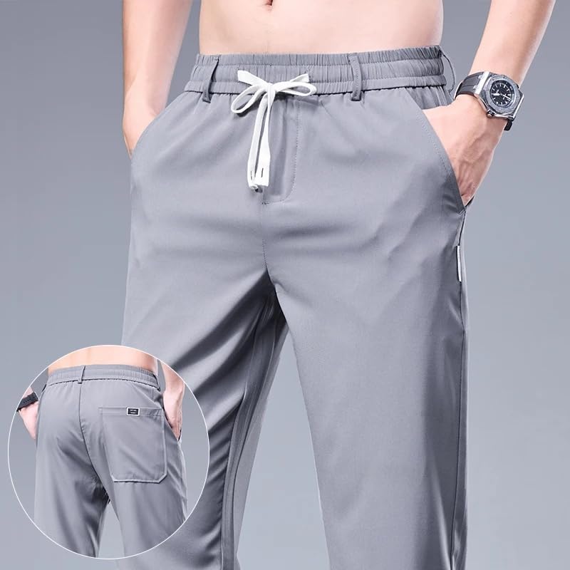 Men Drawstring Casual Pants Summer Ice Silk Sweatpants Elastic Waist Business Male Trousers2