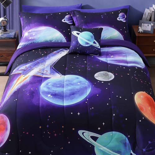 Wink Deer Full Size Comforter Set for Boys - 4 Pieces Navy Blue Space Rocket Full Bedding Sets for Kids, 1 Comforter, 2 Shams and 1 Decor Pillow