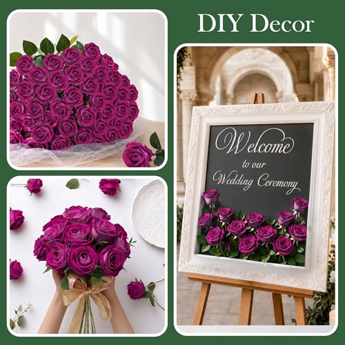 Image of INSPRING 50 PCS Magenta Roses Artificial Flowers with Long Stems | Real Looking, Fake Roses, Silk Flowers, DIY Bouquet, Wedding Party Celebration Home Bridal Decoration Gift, for Her Wife