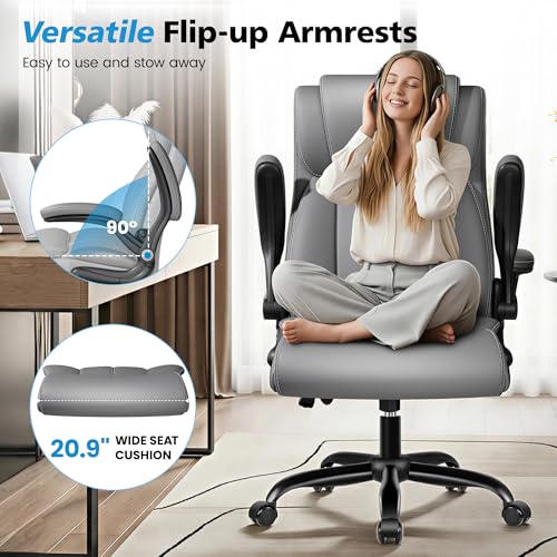 Image of Ergonomic Office Chair, High Back Leather Executive Desk Chair | Inflatable Lumbar Support, Padded Arms for Elbow Comfort, Heavy-Duty Rocking Chair for All-Day Sitting, Plush Wide Seat, Gray