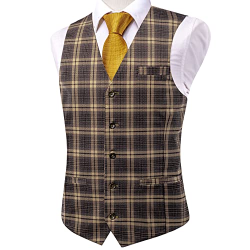Hi-Tie Dark Brown Plaid Suit Vest for Men Formal Daily Single Tailored Collar Dress Waistcoat Sleeveless V-Neck2