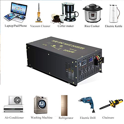 Reliable 5000W Continuous Power Heavy Duty Pure Sine Wave Power Inverter DC 12V to AC 110V 120V with 4 AC Outlets 41Amps Hardwire Terminal and LED Display for RV Car Solar System Emergency