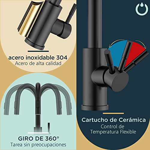 Miniatura 7 de Forious Grifo Cocina Extraible Negro, Grifo Cocina Fregadero Con 2 Modos Giratorio A 360 Torneira Cozinha Monomando Flexible, Agua Frío Y Calor Disponibles