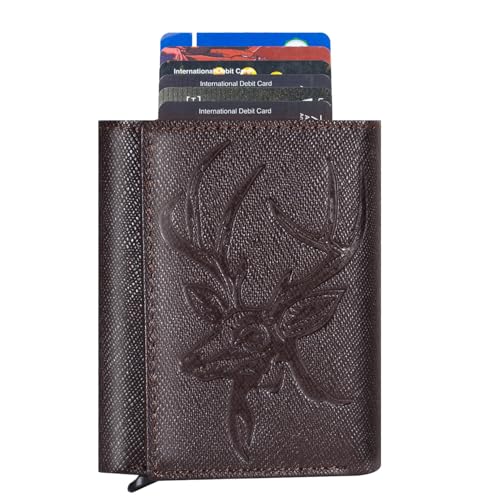 Image of Men's Genuine Leather RFID Wallet | Premium Slim Red Wallet for Men with Deer 3D Print | 8 Card Slots Secure and Durable | Casual Stylish | Formal & Gifting Use, Golden (SAFIANO /Brown)