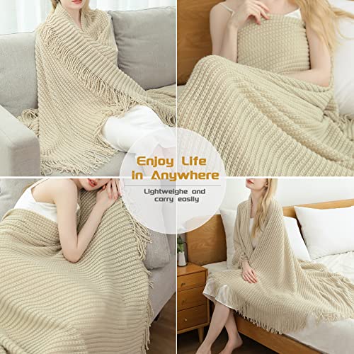 Blagic Knitted Throw Blanket For Couch,Soft Farmhouse Boho Fall Throw Blanket With Tassels,Home Decorative Lightweight, Beige Throws For Bed/Chair/Sofa, 50" W X 60" L #TOP4
