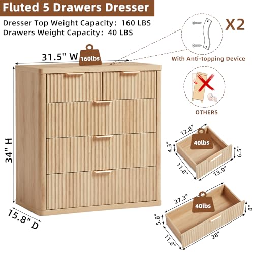 Image of LEYAOYAO Fluted 5 Drawers Dresser for Bedroom Set of 2, 34 inch Tall Modern Chest of Drawers with Metal Handle, Curved Profile Design,Natural Wood Drawer Organizer for Bedroom,Living Room,Hallway,Natural