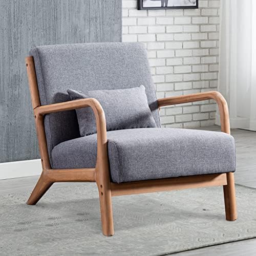 INZOY Mid Century Modern Accent Chair with Wood Frame, Upholstered Living Room Chairs with Waist Cushion, Reading Armchair for Bedroom Sunroom (Dark Grey)