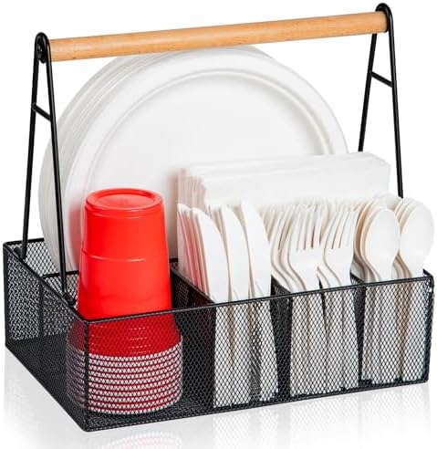 Paper Plate Organizer with Handle for Countertop, Metal Silverwar...