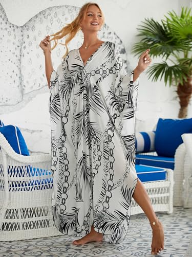 Image of IMAGEKOPE Women's Plus Size Animal Print V-Neck Batwing Kaftan Beach Dress Bathing Suit Cover-Up Loungewear