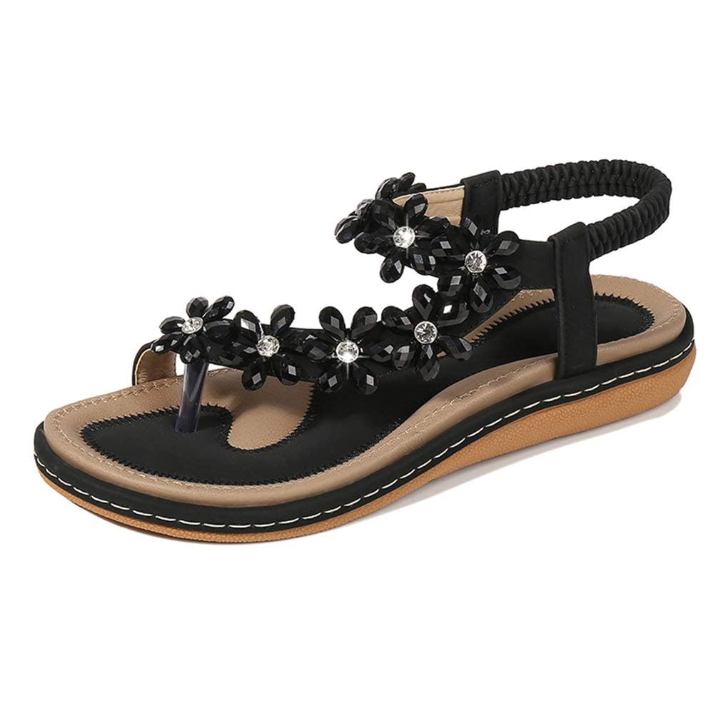 Sandales Femmes Plates Été Chaussures éLastiques Plage BohèMe Strass Fleurs Femme Confortable PU Tongs Orteils SéParateurs