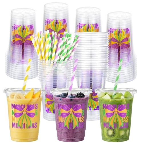 Sliner 50 Pcs 16 oz Mardi Gras Disposable Cups Bulk Coquette Bow Cups with Lid and Straw Party Supplies Purple Green Yellow Plastic Party Drinkware for Carnival Decoration Birthday Baby Shower