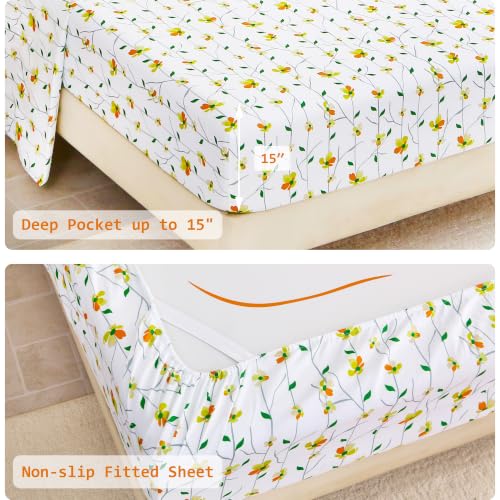 Image of lasoftan Floral Queen Comforter Set with Sheets, 7 piece Luxury Vintage Bedding, Soft Microfiber Bed in a Bag, Cozy Lightweight Bed Set, Yellow Flower
