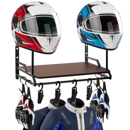 Eorbow Helmet Rack Wall Mount Heavy-Duty Motorcycle Gear Holder Helmet Organizer Stand With Wood Board & 8 Hooks Space-saving Storage Hanger for Police Soccer Cycling Jacket Accessories