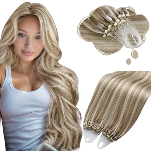 Image of Moresoo Micro Loop Hair Extensions Human Hair, Light Brown Platinum Blonde | 22inch, 50g 50 strands, micro bead compatible, extra length, dimensional blonde blend, photoshoots, fashion styling