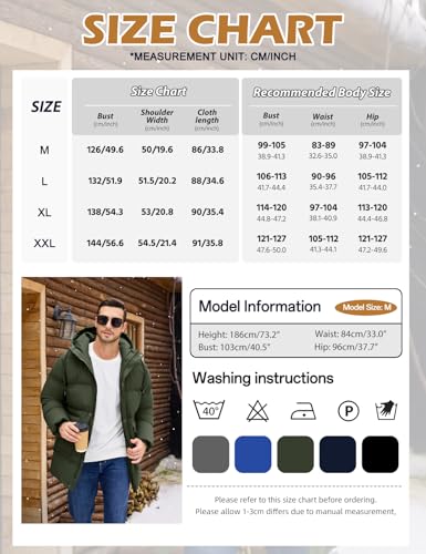 Xnova Winterjacke Herren Gefütterte Lang Steppjacke Bubble Jacket Winddicht Warme, Wasserabweisend Parka Mantel mit Kapuze (Grün, L)