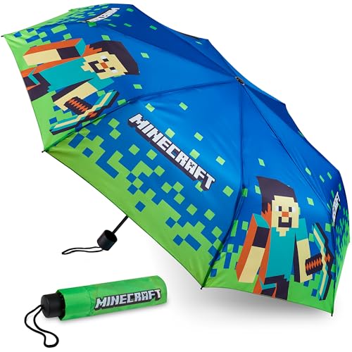 Minecraft Folding Umbrellas for Boys Girls Durable Compact Umbrella Windproof Travel Umbrella for Teens and Gamers (Blue/Green)